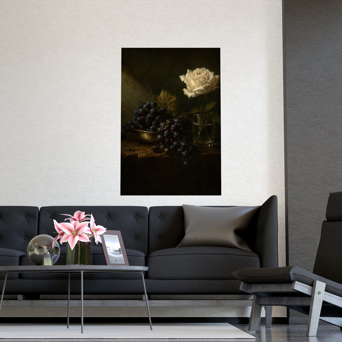 Grapes and a White Rose — grapes and a white rose, shown framed on a wall