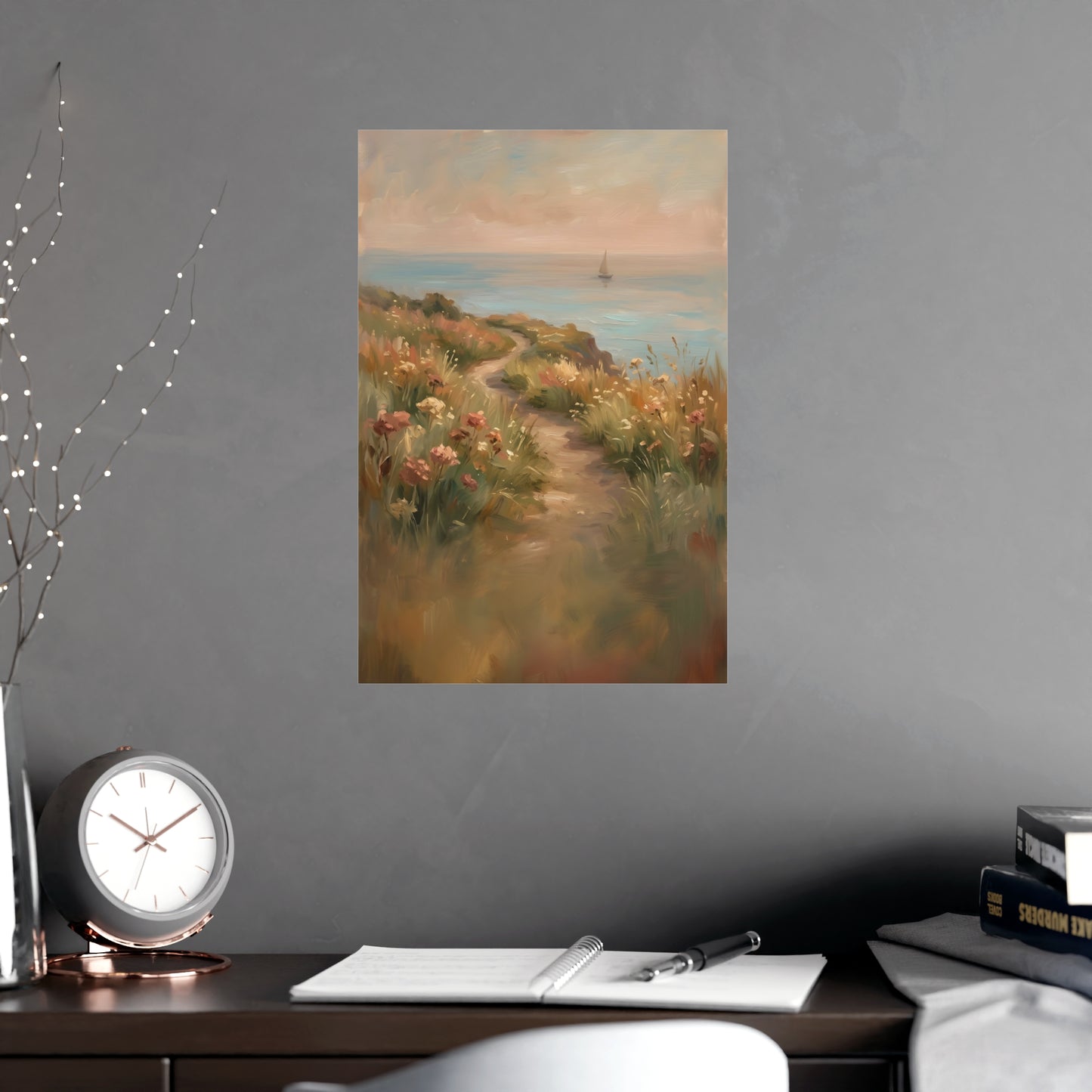 Coast Path hung above a desk with a clock and notebook, 12x18 in print