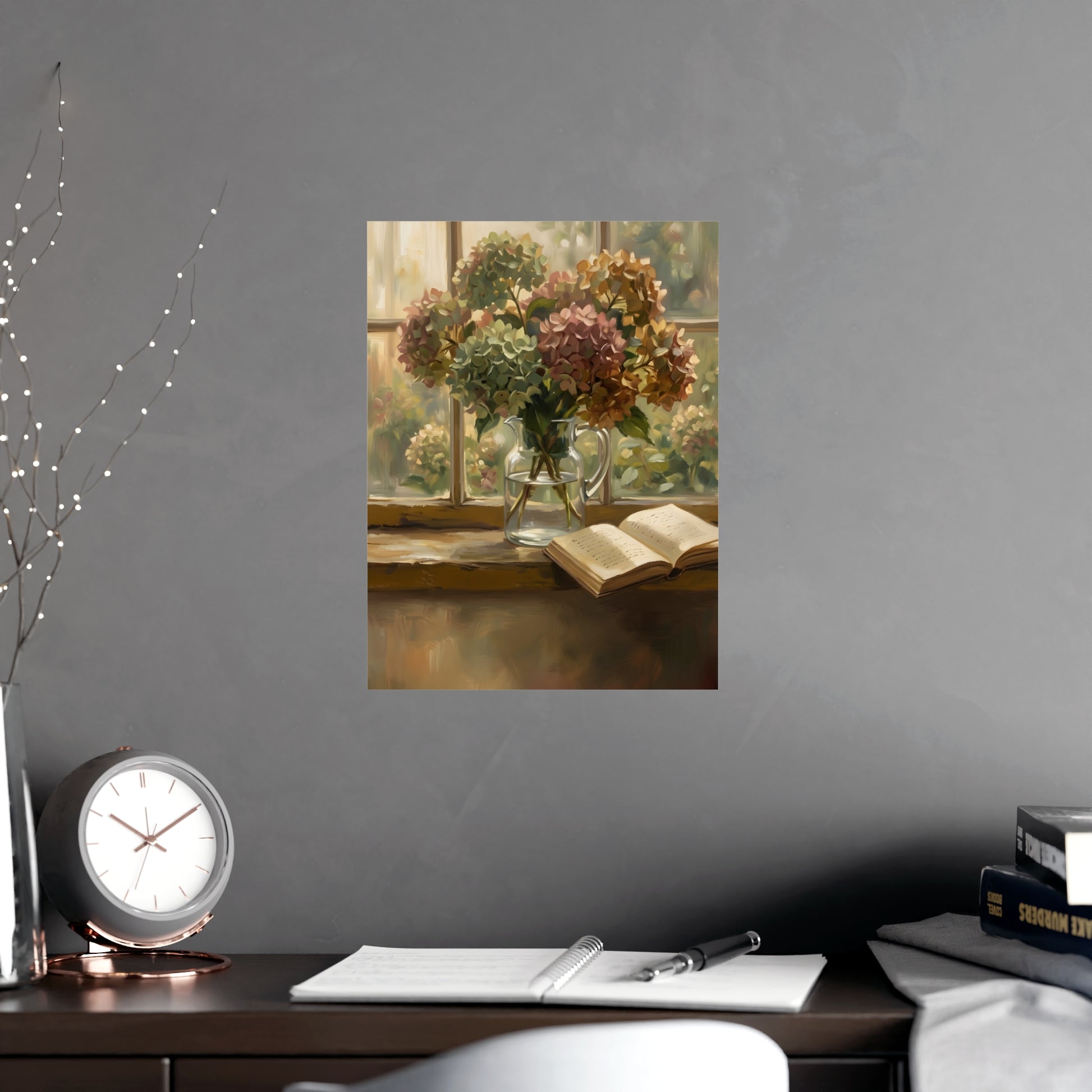 Hydrangeas and a Book hung on a grey wall above a dark sofa, 12x16 in print
