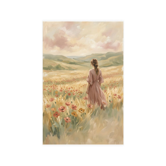 Looking to the Hills — a woman at the edge of a wildflower field looking toward distant hills, 11x17 in print