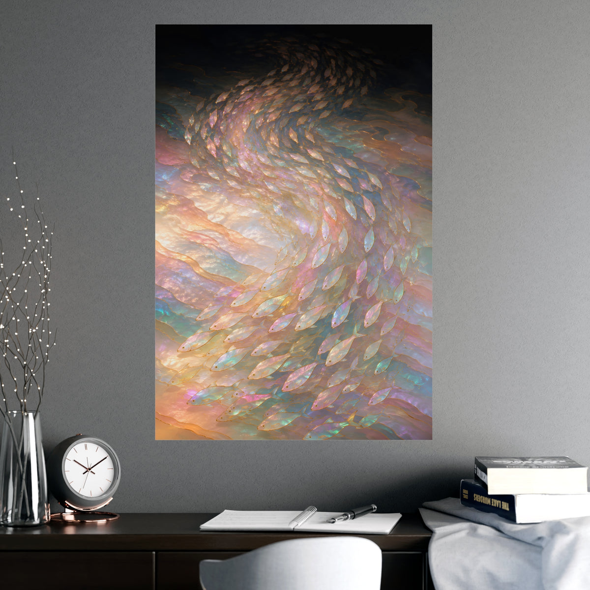 A Shoal, Turning — a shoal, turning, shown framed on a wall