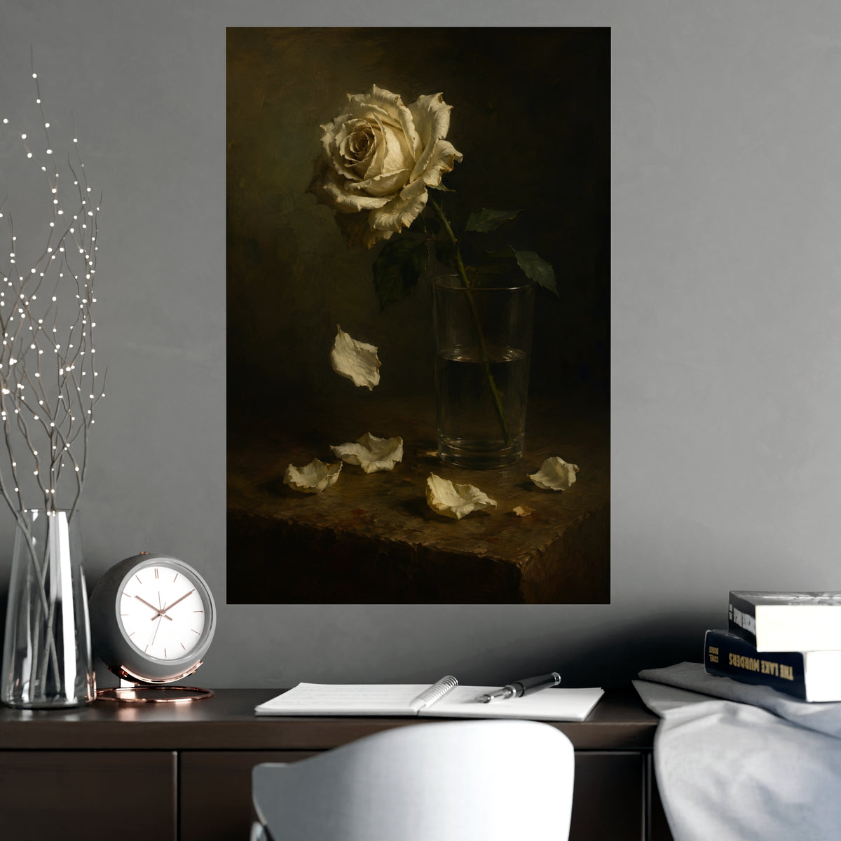 White Rose, Falling — white rose, falling, shown framed on a wall