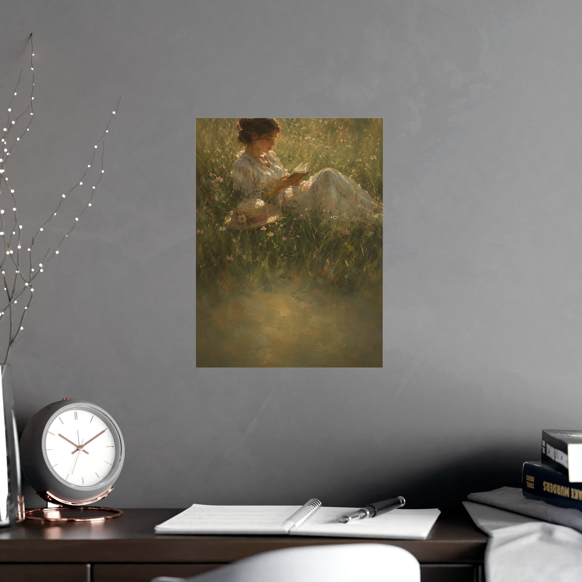 Reading in Tall Grass — a woman reading in tall summer grass, straw hat beside her, shown framed on a wall