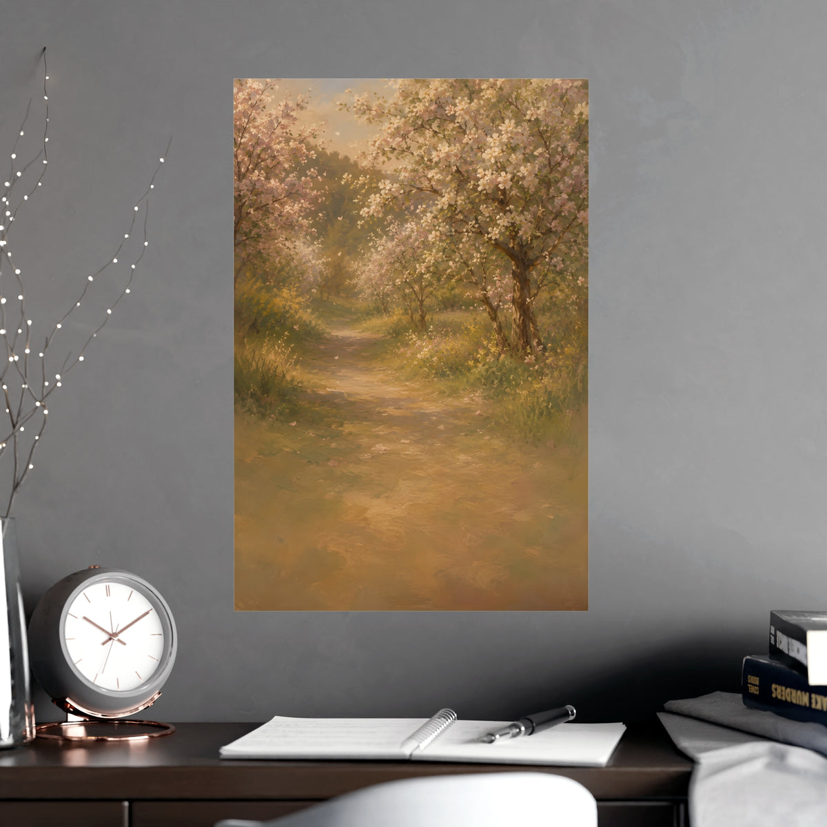 Orchard Path in Spring — a quiet orchard path with blossom drifting, shown framed on a wall