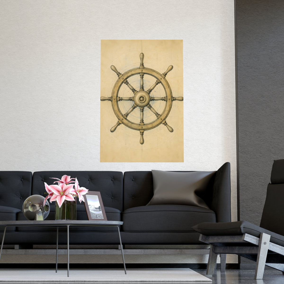 Ship's Wheel — ship's wheel, shown framed on a wall