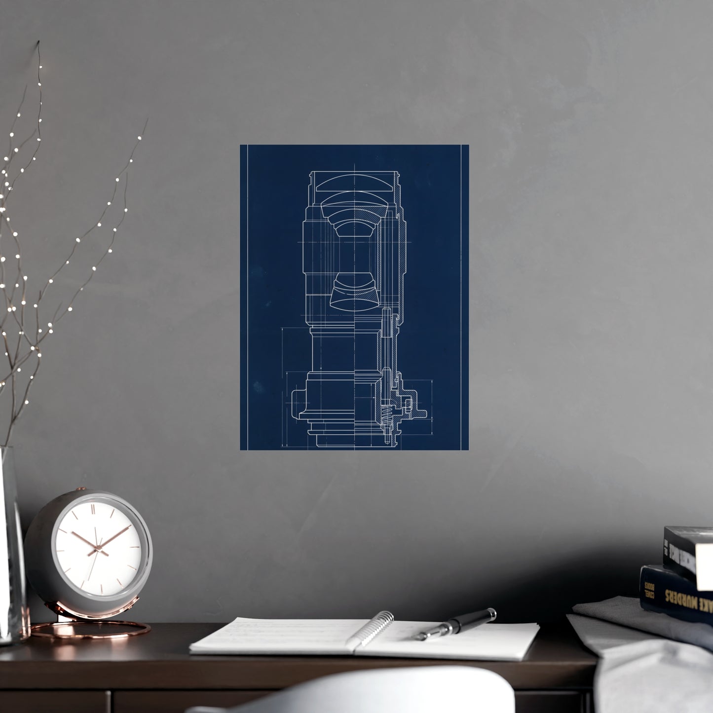 Lens and Mount hung above a sofa with a side table and lilies, 12x18 in print
