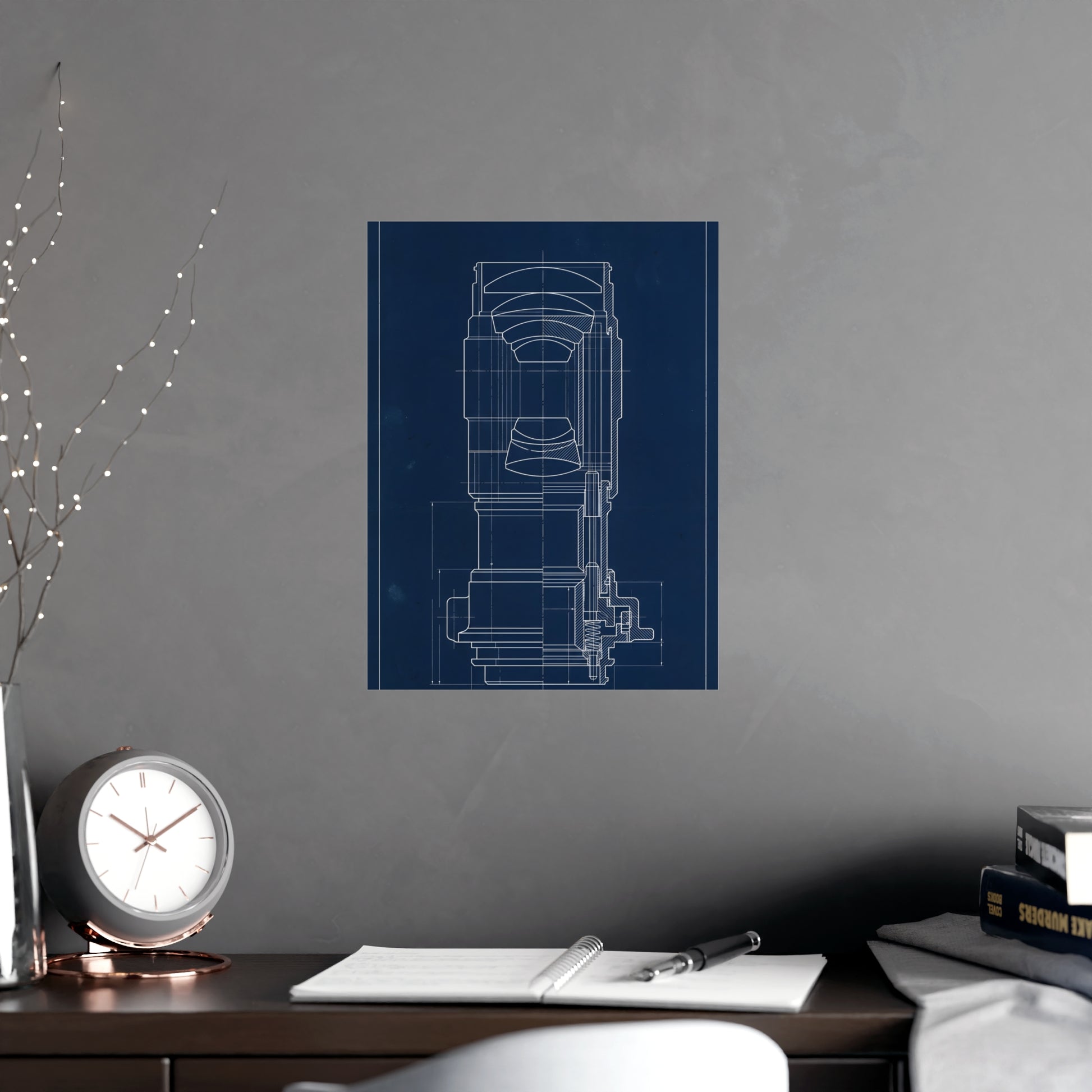Lens and Mount hung above a sofa with a side table and lilies, 12x18 in print
