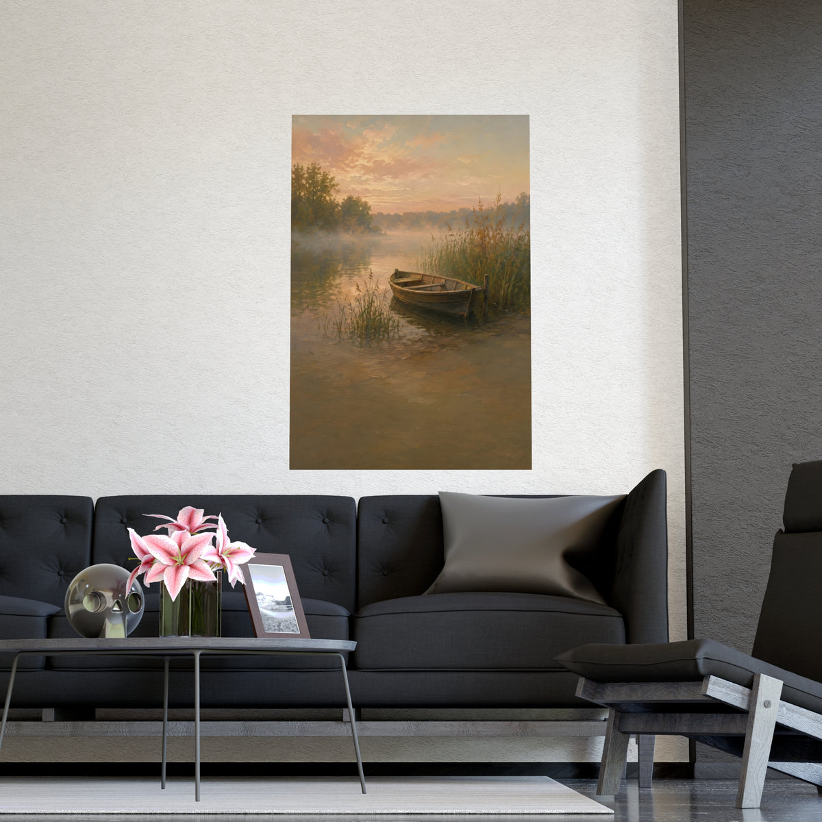 Rowboat at Dawn — a wooden rowboat moored among reeds as mist rises off the water, shown framed on a wall