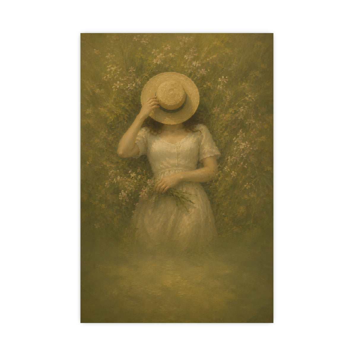 The Straw Hat — a woman lying in long grass seen from directly above, a straw hat laid over her face, 20x30 in print