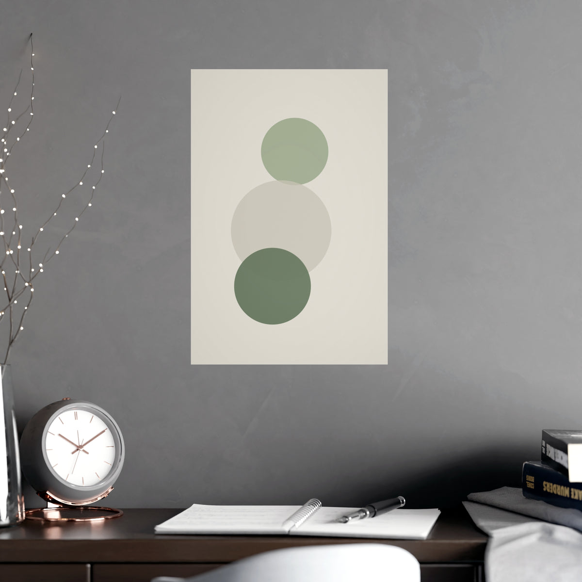 Sage Neutral Circles Boho Wall Art — circles in a sage neutral palette, shown framed on a wall