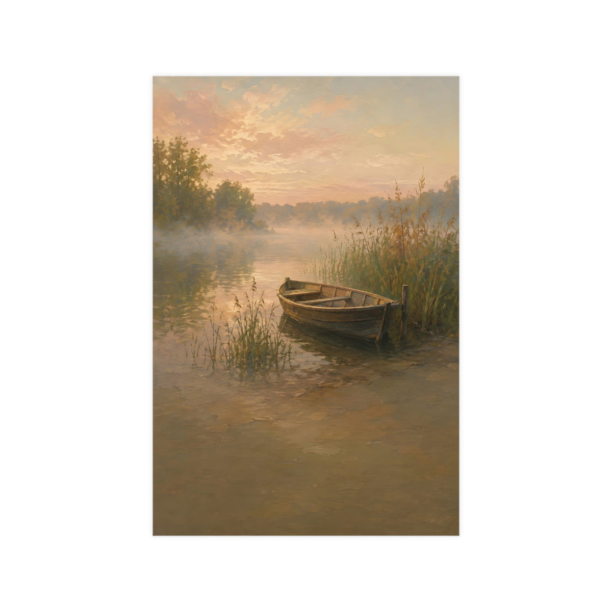 Rowboat at Dawn — a wooden rowboat moored among reeds as mist rises off the water, 12x18 in print