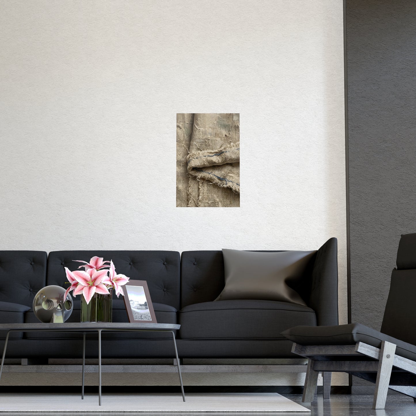 Folded Linen hung above a desk with a clock and notebook, 16x24 in print
