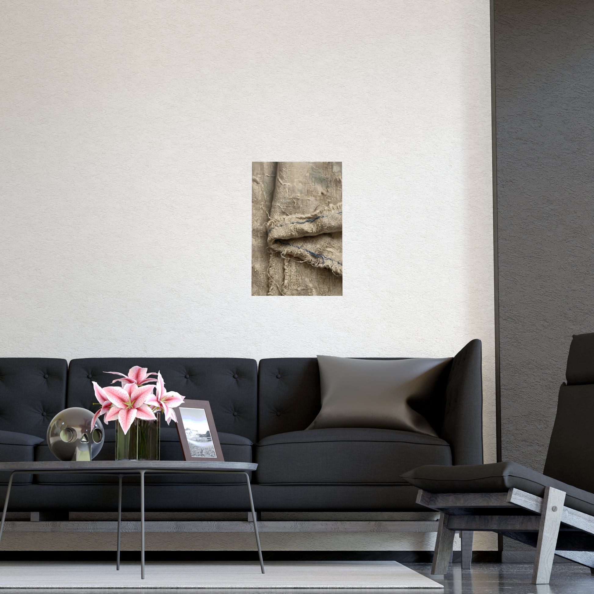 Folded Linen hung above a desk with a clock and notebook, 16x24 in print