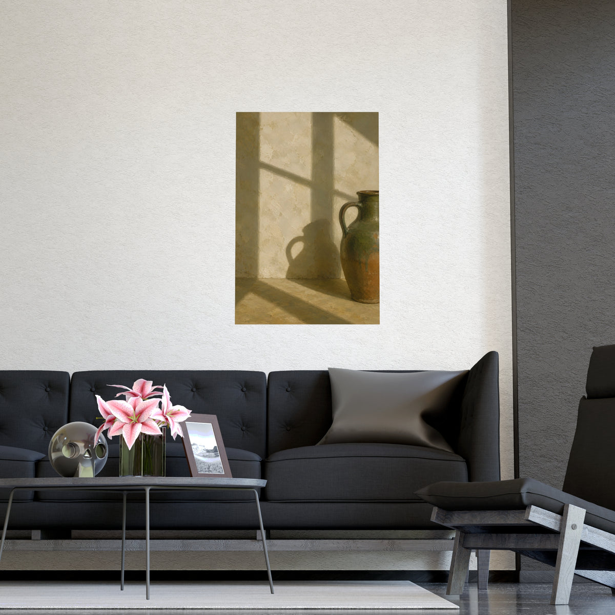 A Long Shadow on Plaster — a long shadow on plaster, shown framed on a wall