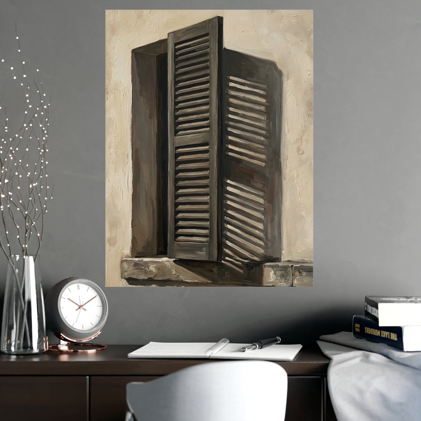 Shutters, Half Closed hung on a grey wall above a dark sofa, 18x24 in print