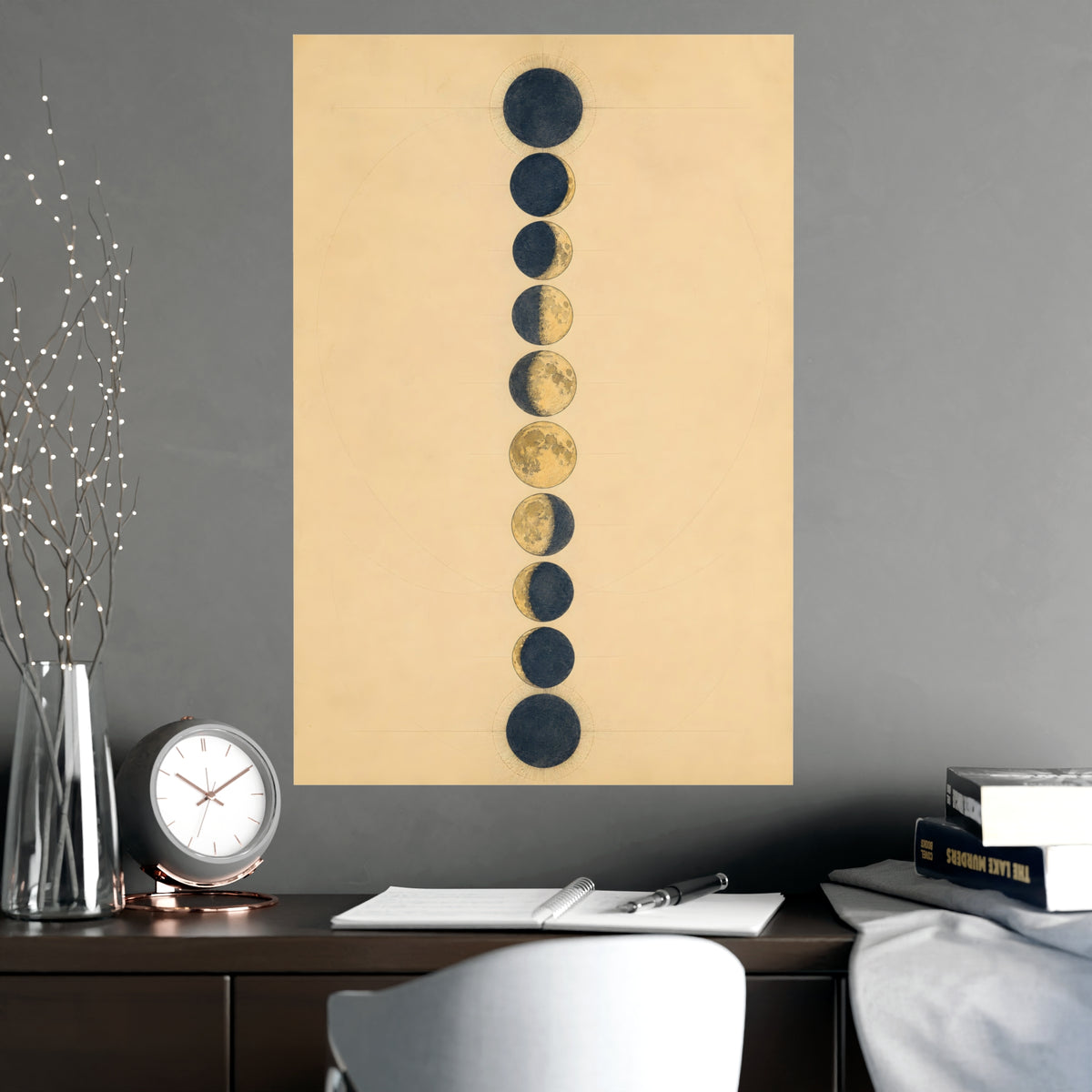 Phases of the Moon — phases of the moon, shown framed on a wall