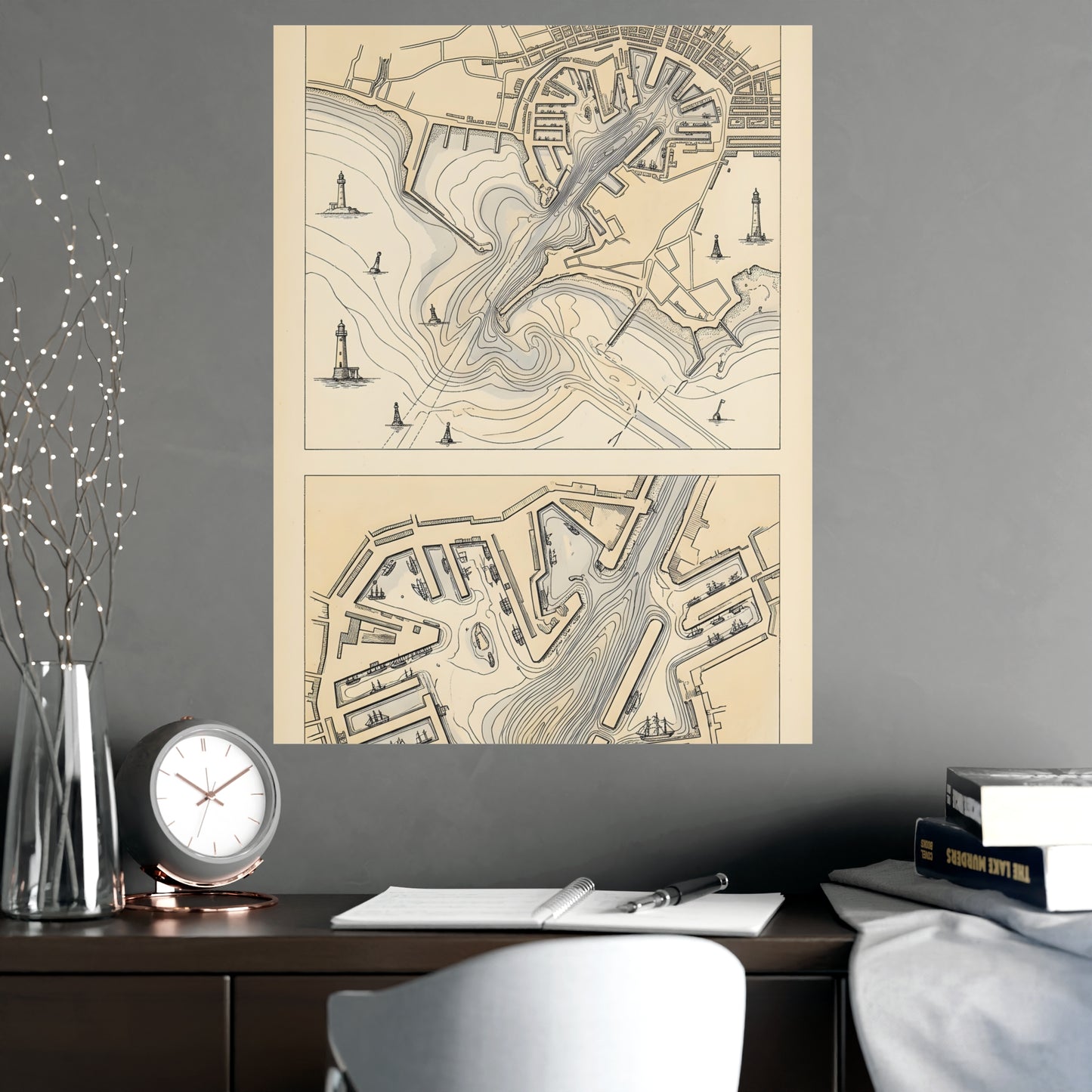 Harbour Soundings hung on a grey wall above a dark sofa, 18x24 in print
