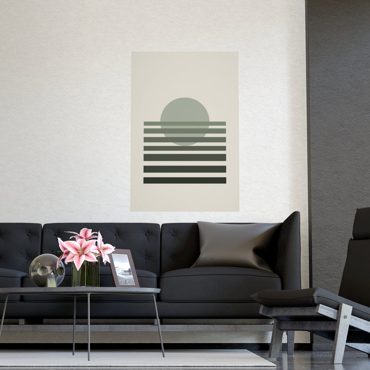 Sage Neutral Sunset Boho Wall Art — sunset in a sage neutral palette, shown framed on a wall