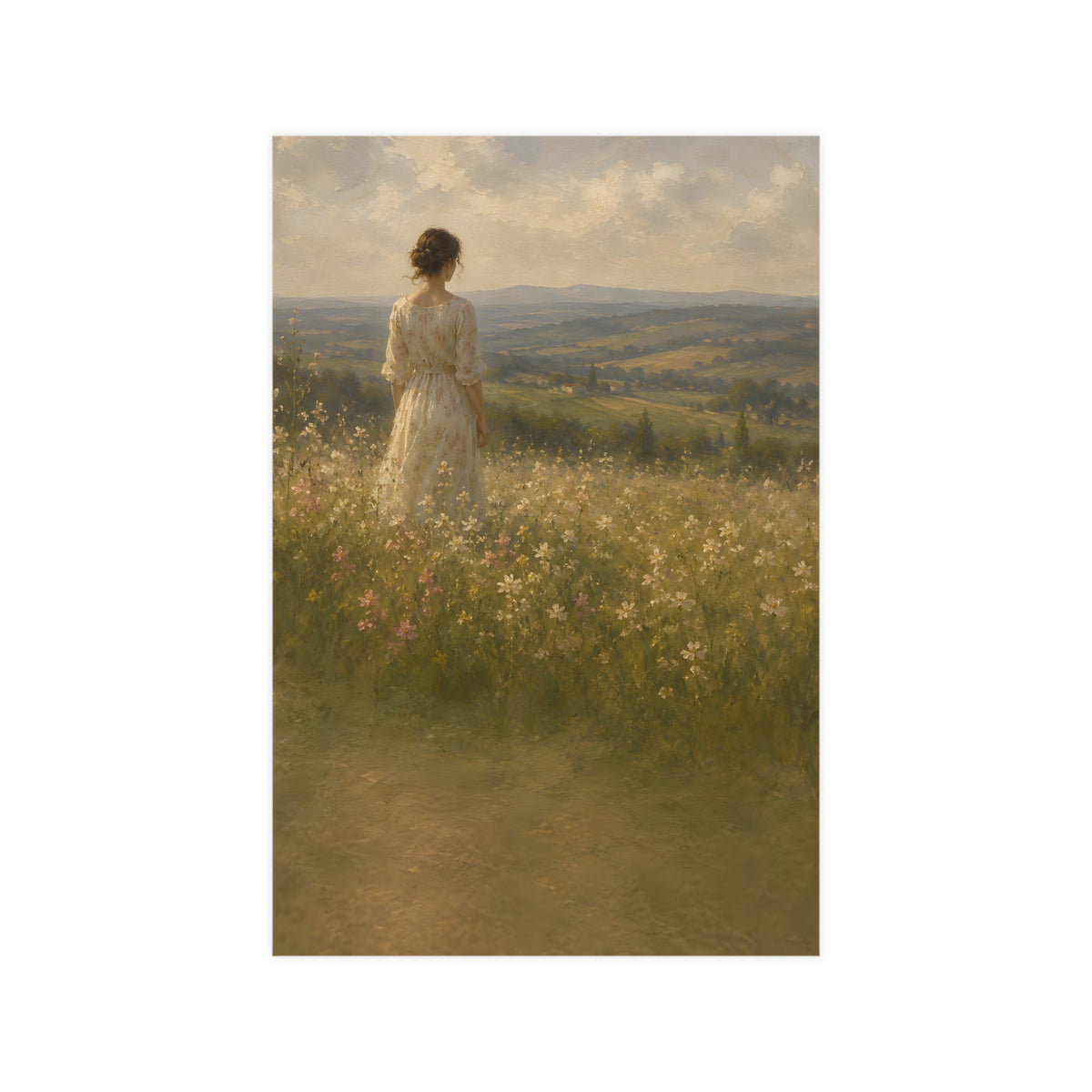 Looking to the Hills — a woman at the edge of a wildflower field looking toward distant hills, 12x18 in print