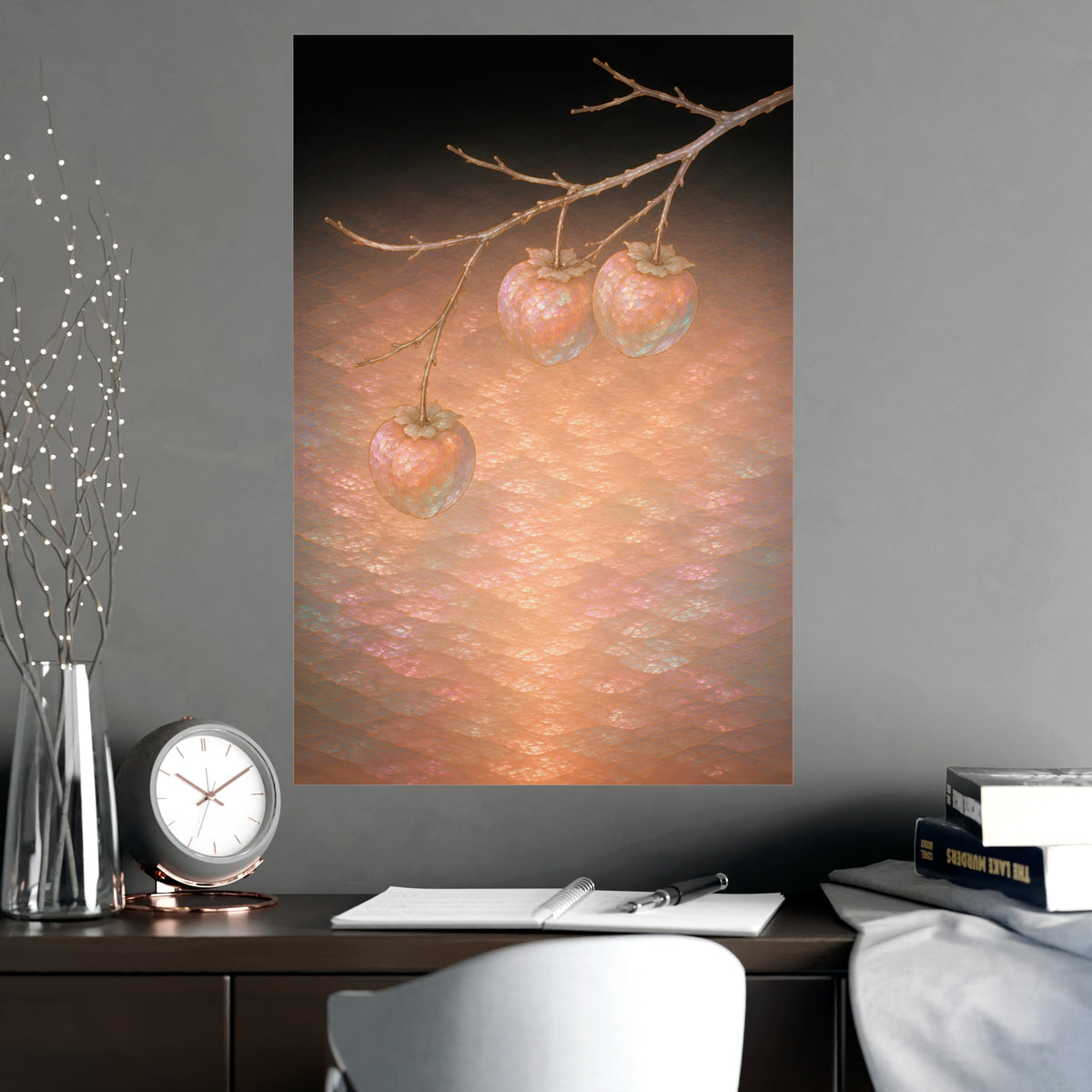 Persimmons on a Bare Branch — persimmons on a bare branch, shown framed on a wall