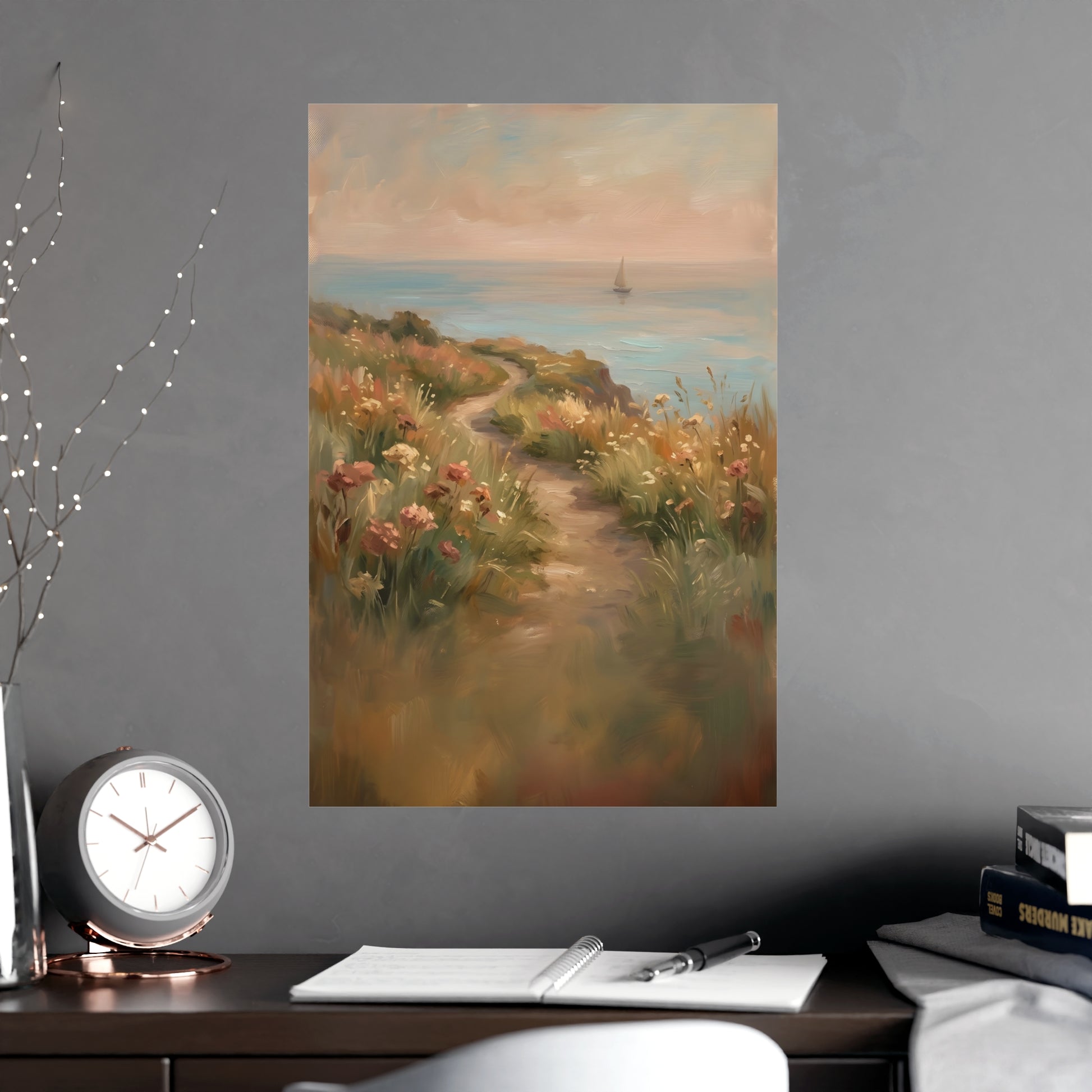 Coast Path on a living room wall beside a tall vase, 16x24 in print