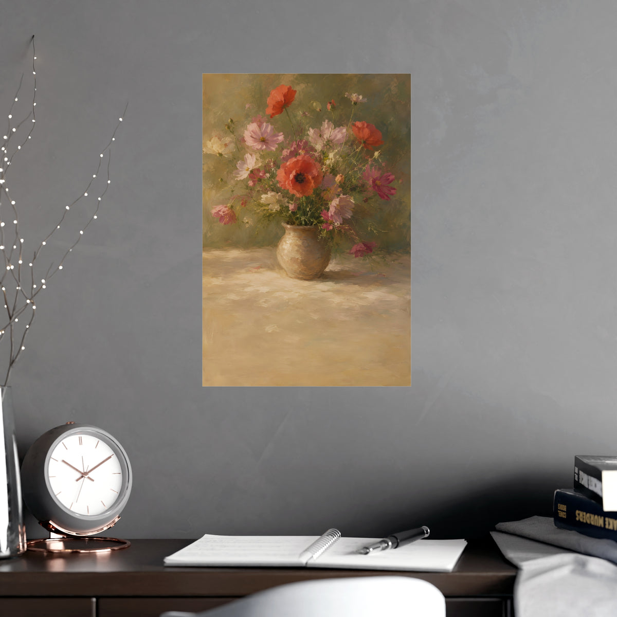 Poppy and Cosmos Bouquet — a loose bouquet of poppies and cosmos in an earthenware vase, shown framed on a wall