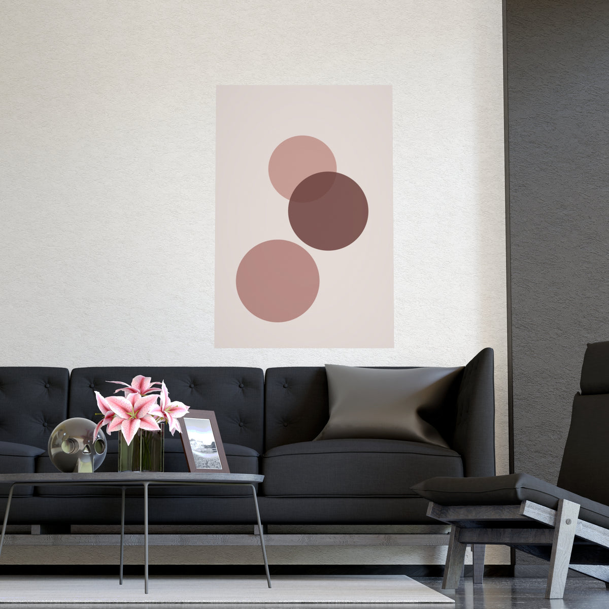 Dusty Rose Circles Modern Wall Art — circles in a dusty rose palette, shown framed on a wall