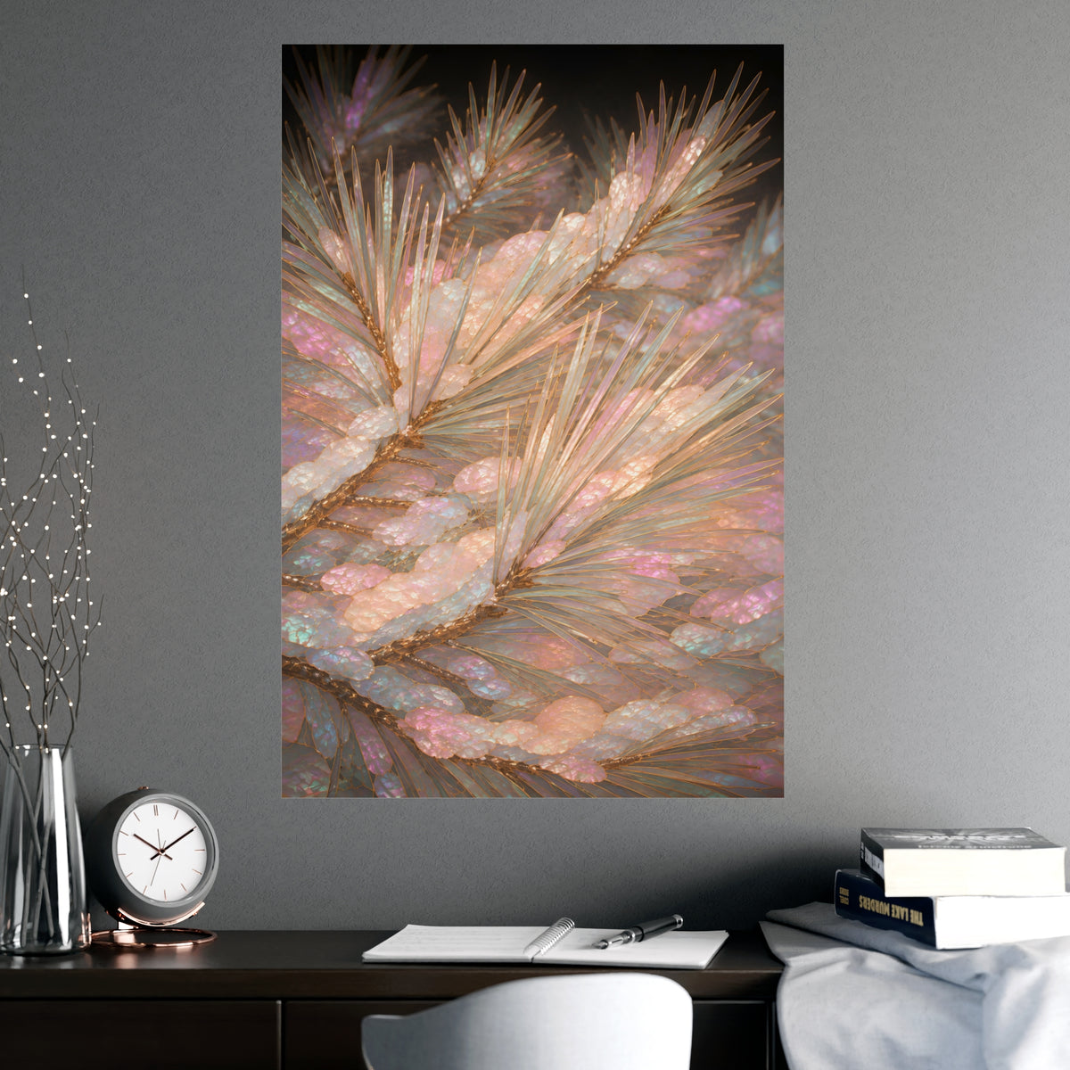 Snow on Pine — snow on pine, shown framed on a wall