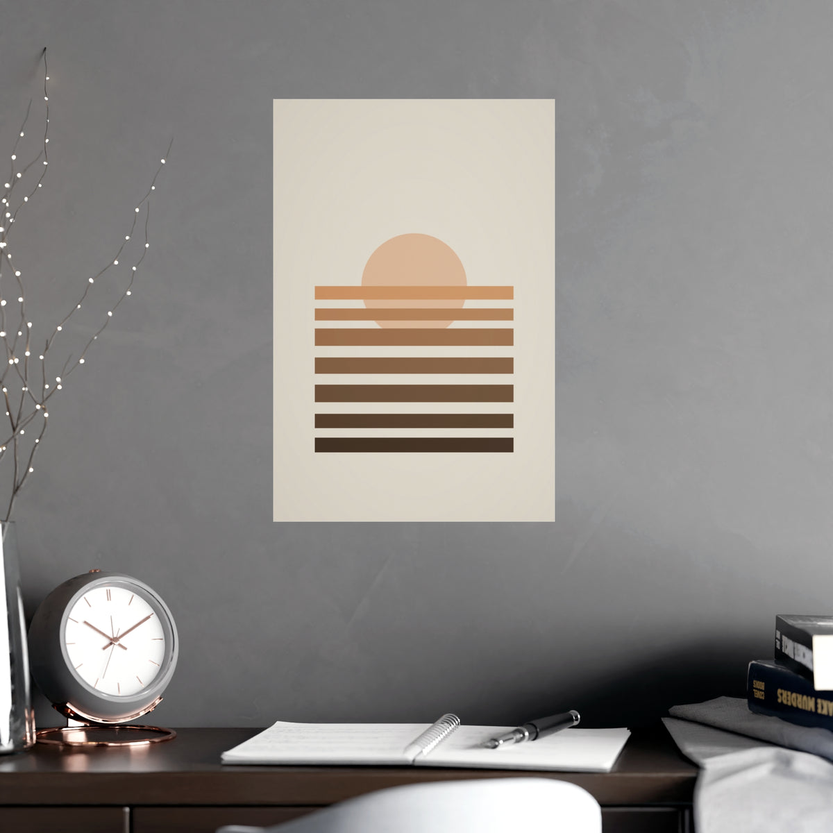 Warm Earth Sunset Boho Wall Art — sunset in a warm earth palette, shown framed on a wall