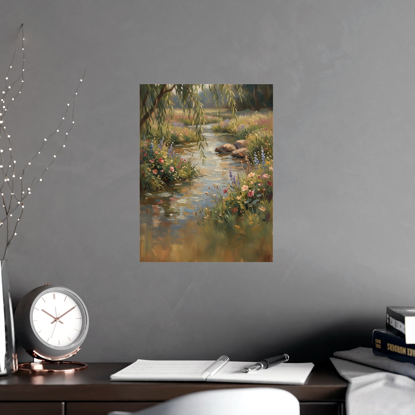 Willow Stream on a plain wall, shown at a larger size, 12x16 in print