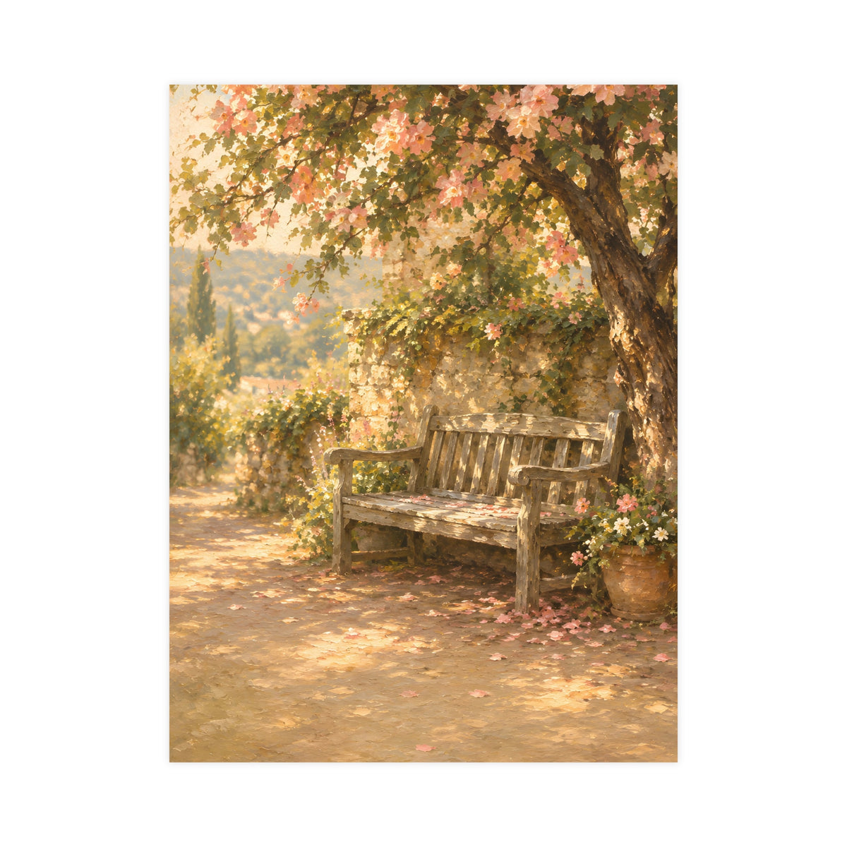 Bench Under Blossom — a weathered wooden bench under a flowering tree in a quiet garden, 18x24 in print