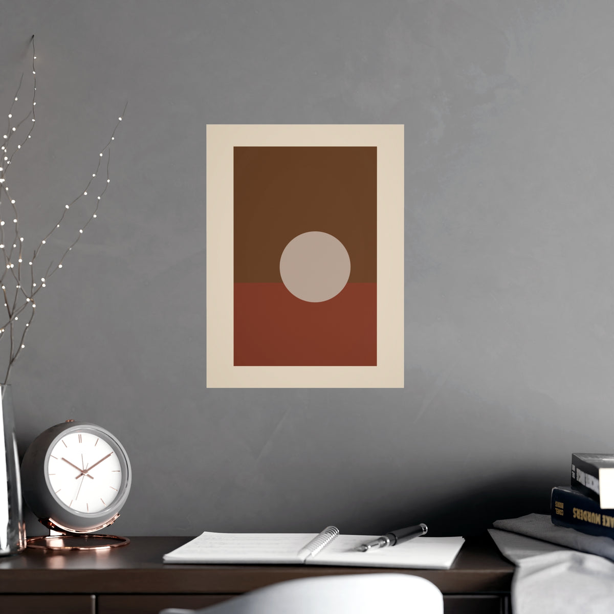 Muted 70s Sun Landscape Wall Art — sun landscape in a muted 70s palette, shown framed on a wall