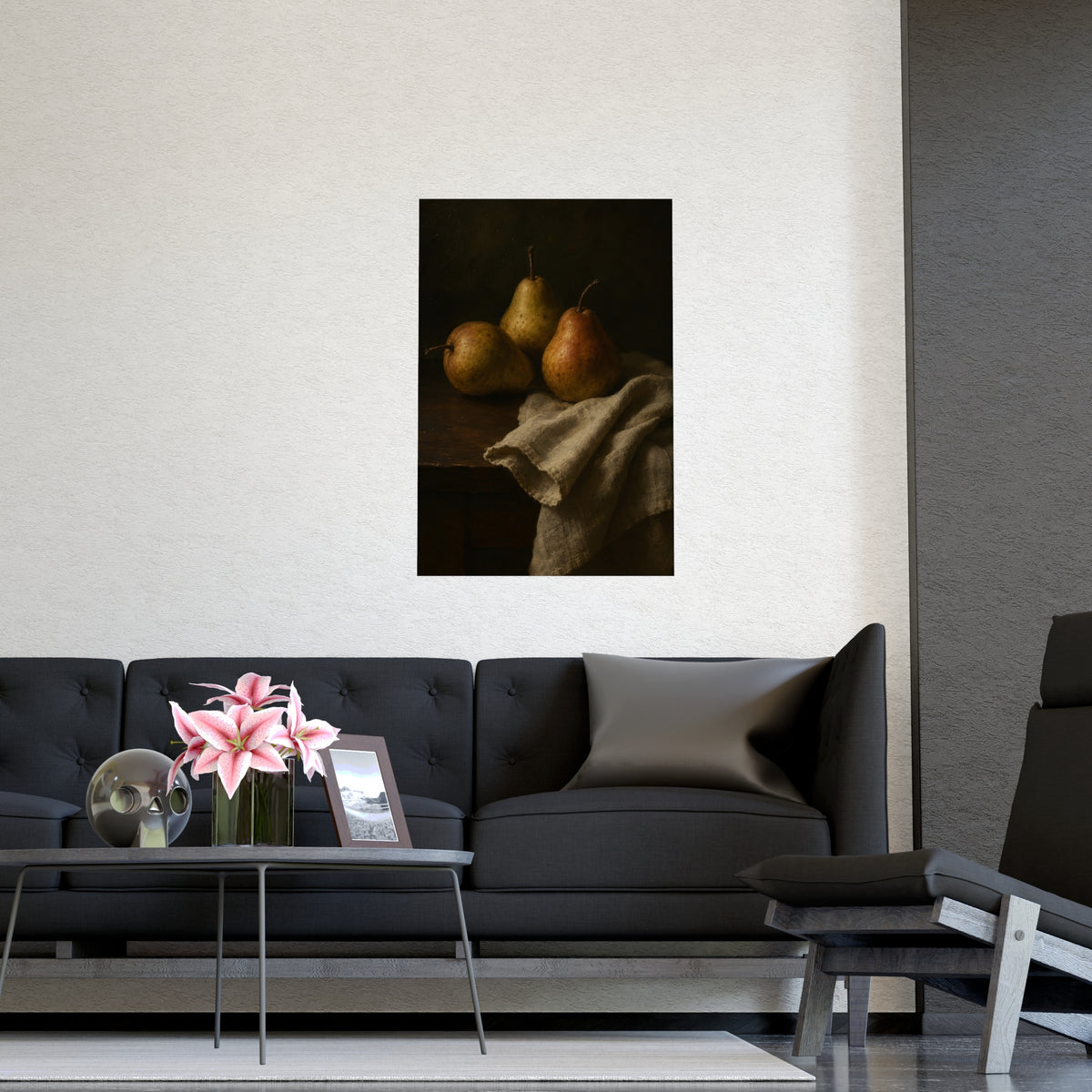 Three Pears — three pears, shown framed on a wall