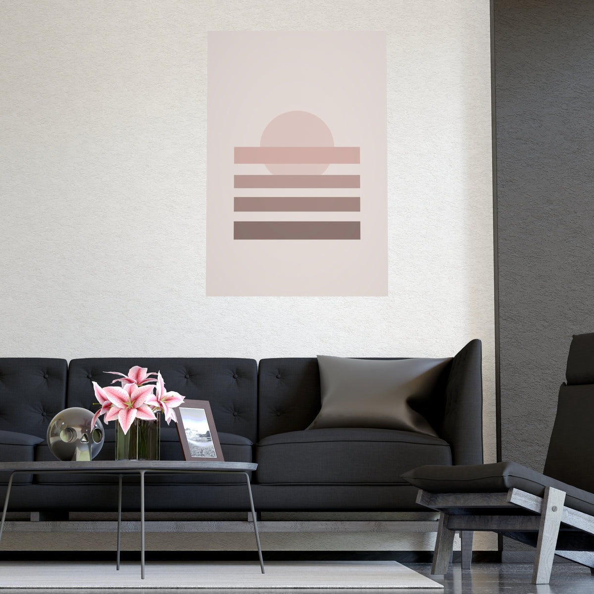Dusty Rose Sunset Landscape Wall Art — sunset landscape in a dusty rose palette, shown framed on a wall