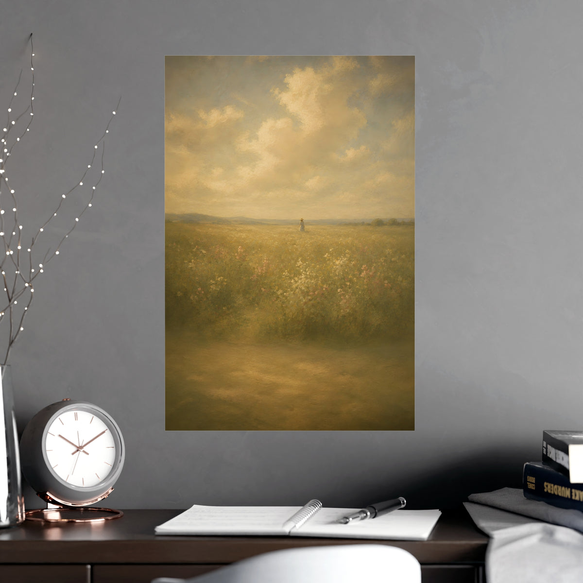 Small in the Field — a single figure very small and far off in a wide wildflower field under a wide summer sky, shown framed