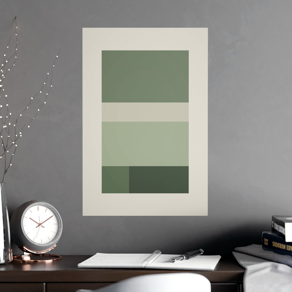 Sage Neutral Blocks Boho Wall Art — blocks in a sage neutral palette, shown framed on a wall
