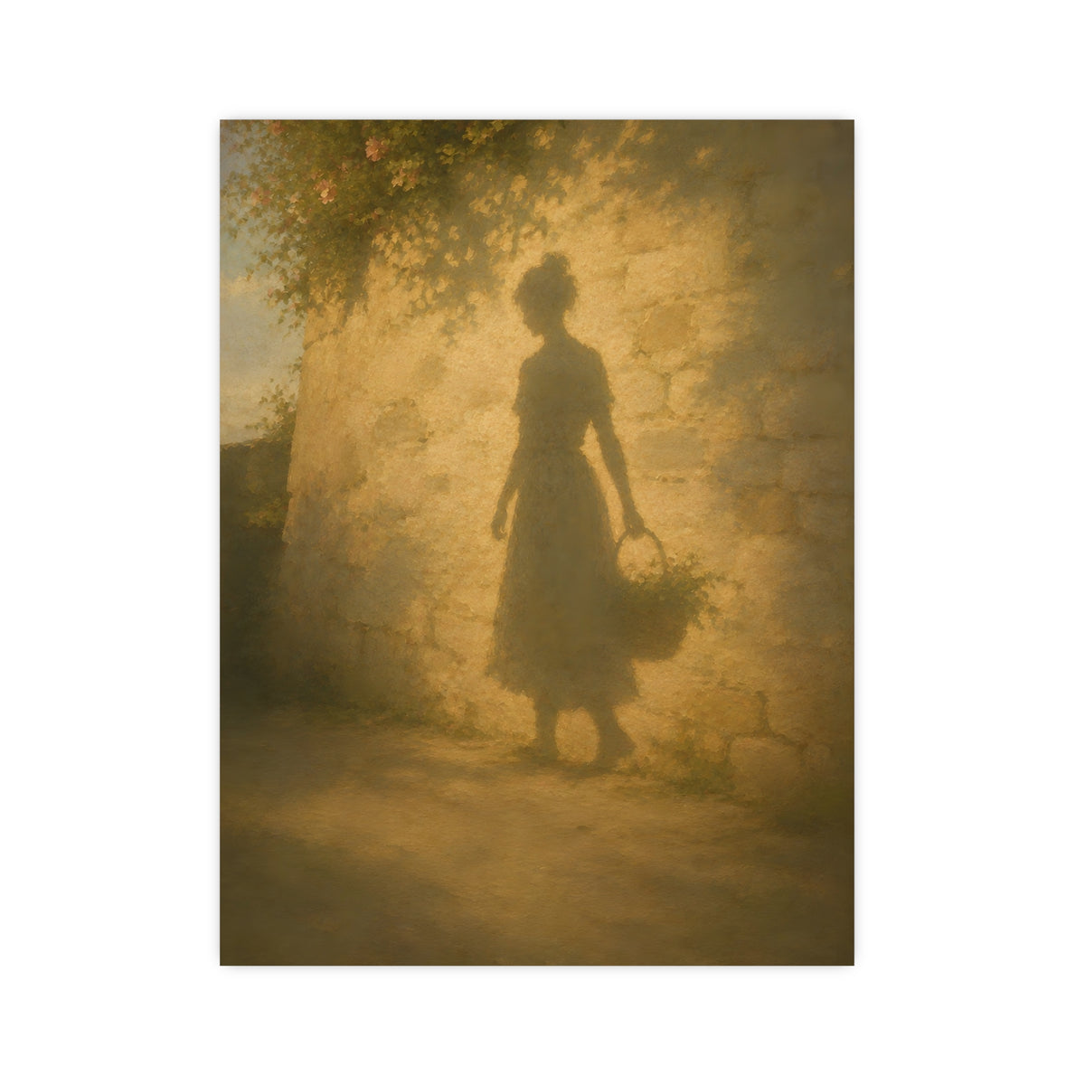 Her Shadow on the Wall — the long shadow of a woman carrying a basket, cast across a sunlit stone wall, 12x16 in print