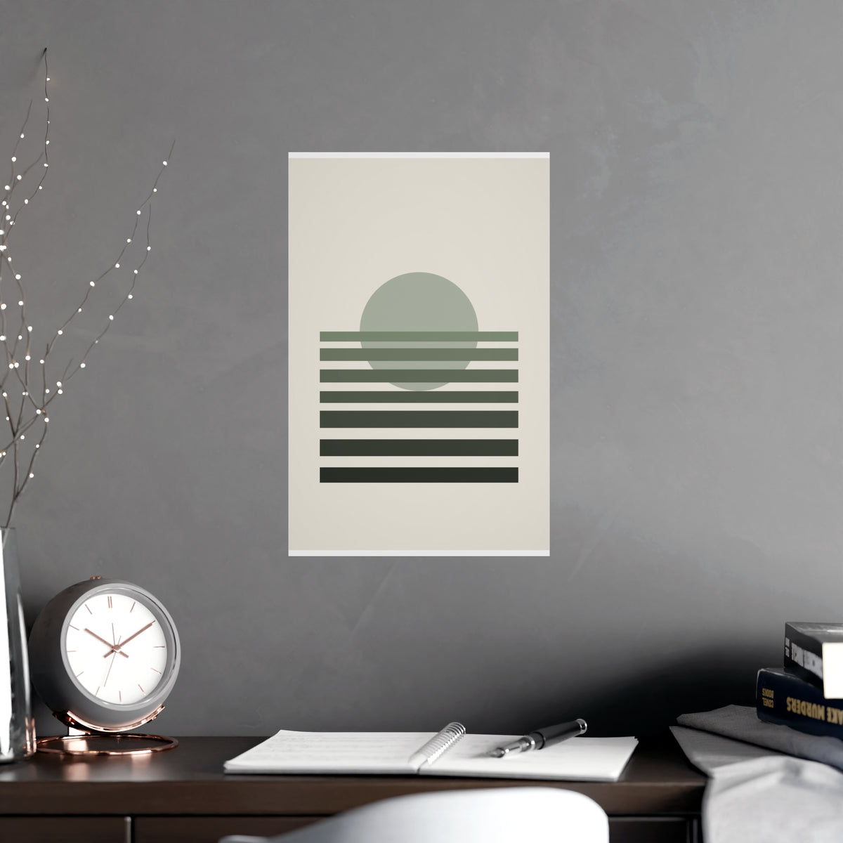 Sage Neutral Sunset Boho Wall Art — sunset in a sage neutral palette, shown framed on a wall