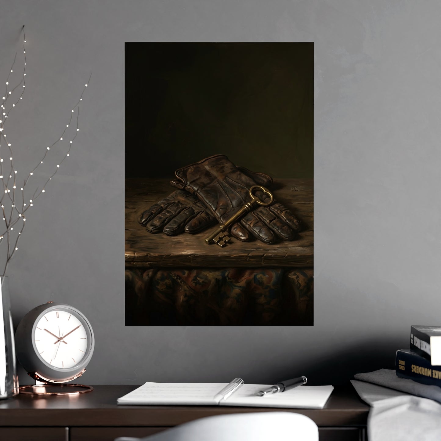 Gloves and a Brass Key framed on a cream wall in a living room, 18x24 in print