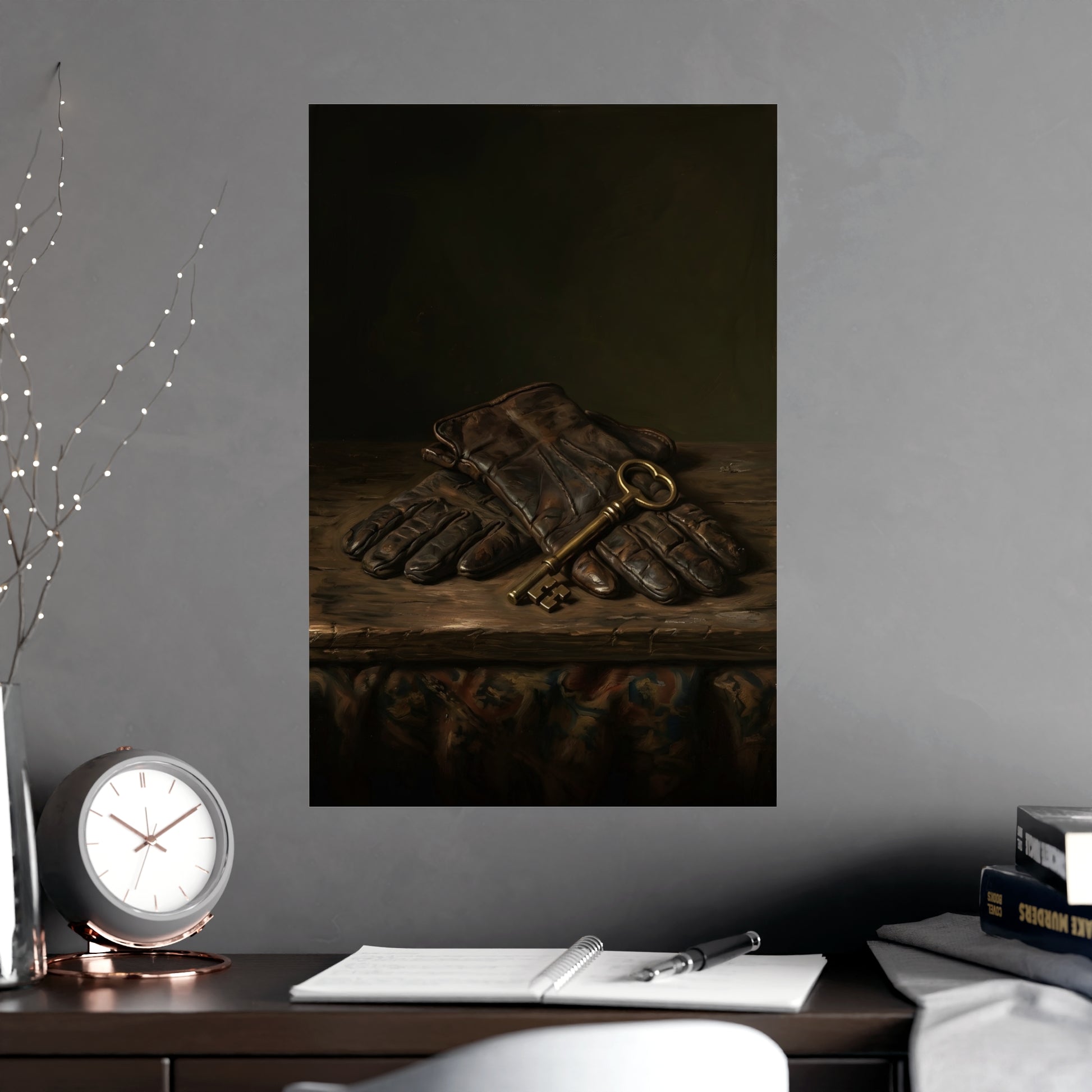 Gloves and a Brass Key framed on a cream wall in a living room, 18x24 in print
