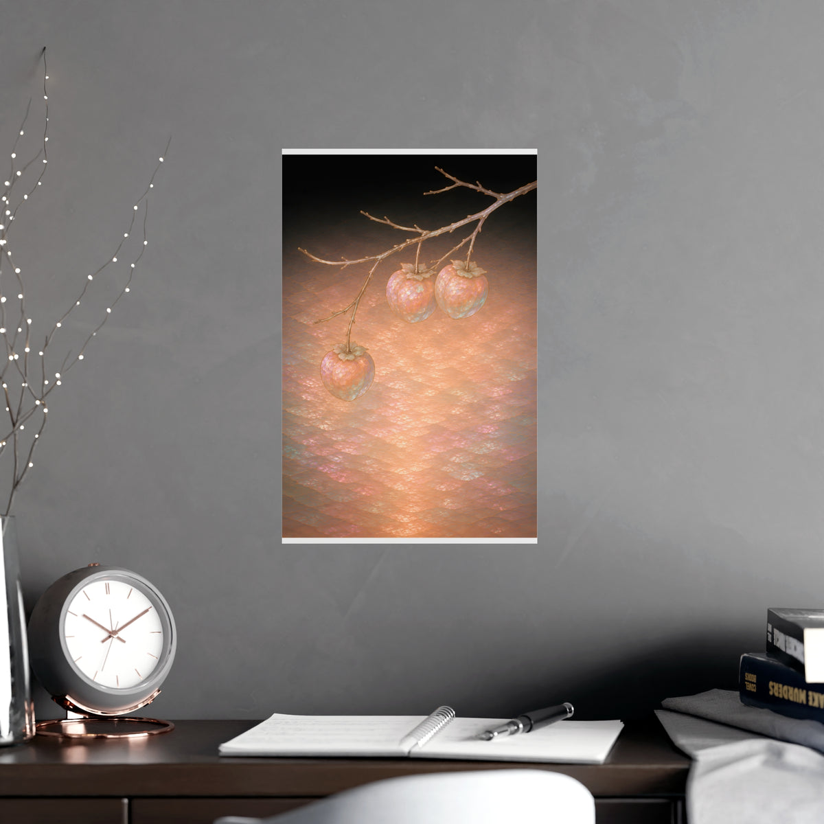 Persimmons on a Bare Branch — persimmons on a bare branch, shown framed on a wall