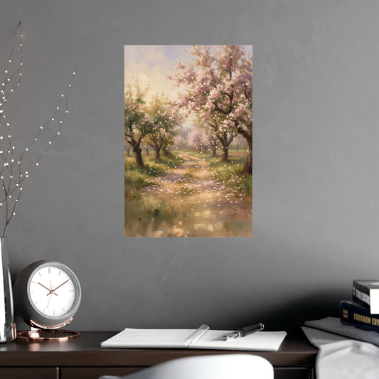 Orchard Path in Spring framed on a cream wall in a living room, 12x18 in print