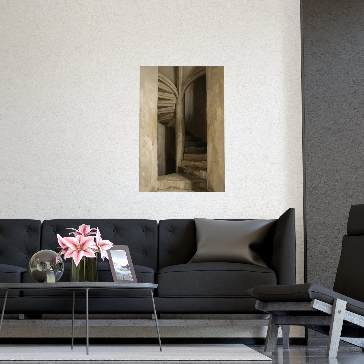 Stone Stair hung above a sofa with a side table and lilies, 12x18 in print