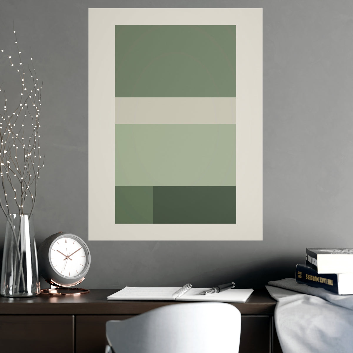 Sage Neutral Blocks Boho Wall Art — blocks in a sage neutral palette, shown framed on a wall
