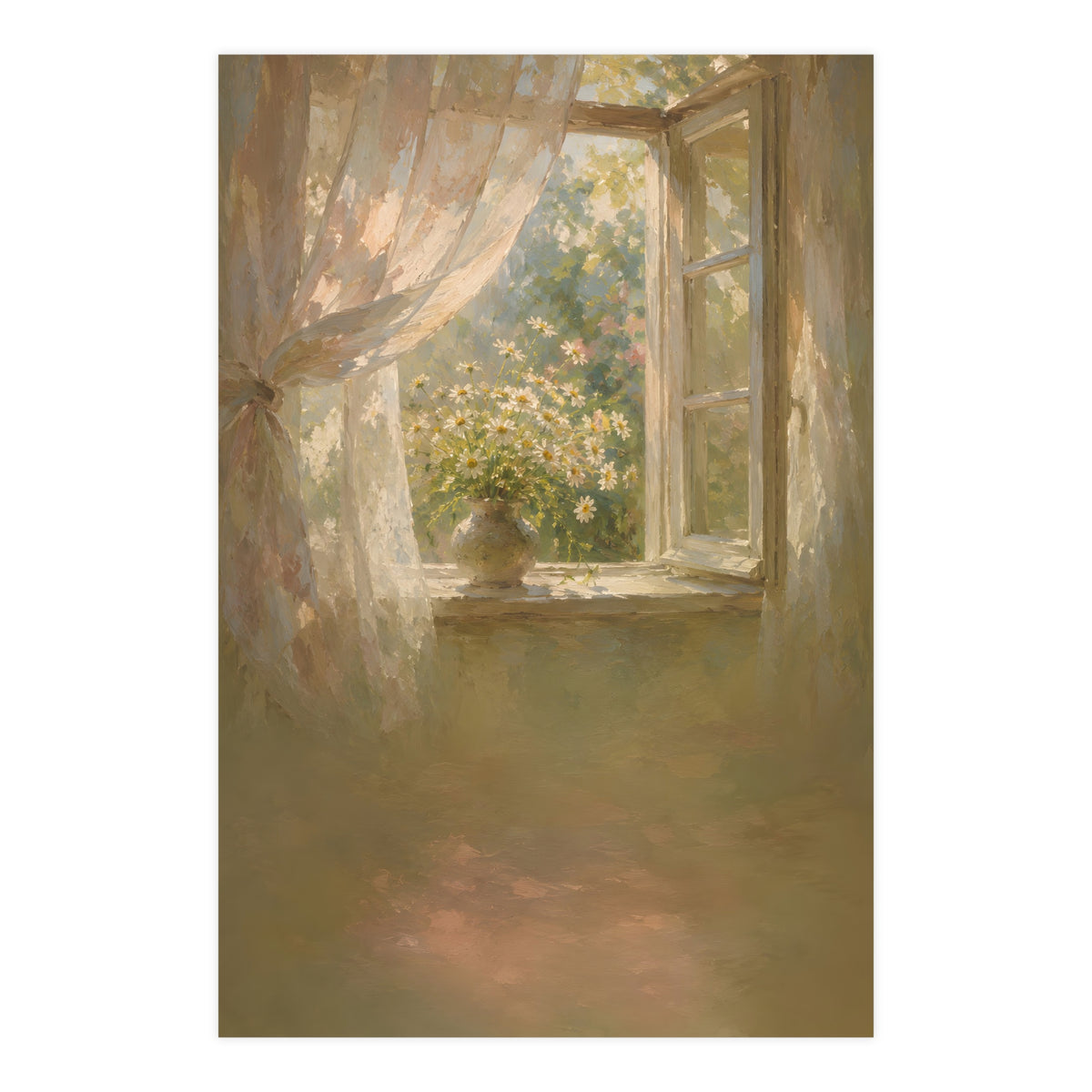 Daisies on the Sill — an open window with sheer curtains lifting in the breeze and a vase of daisies on the sill, 24x36 in pr