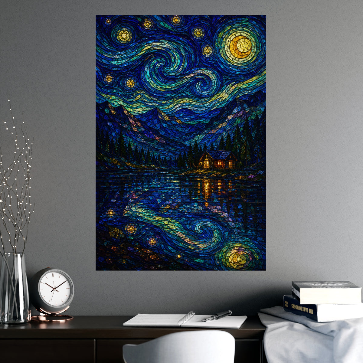 Lake and Mountain — lake and mountain, shown framed on a wall