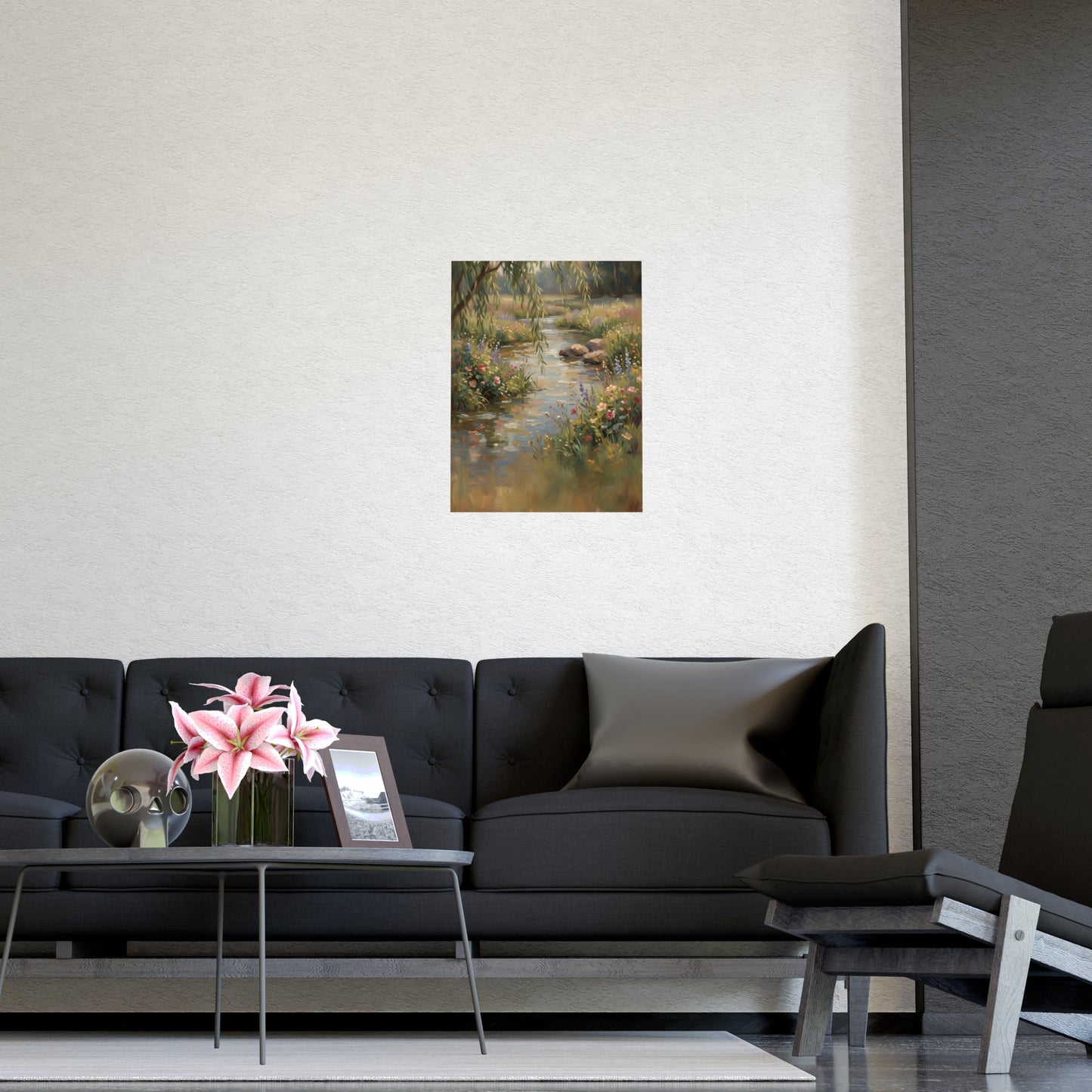 Willow Stream hung above a sofa with a side table and lilies, 11x17 in print