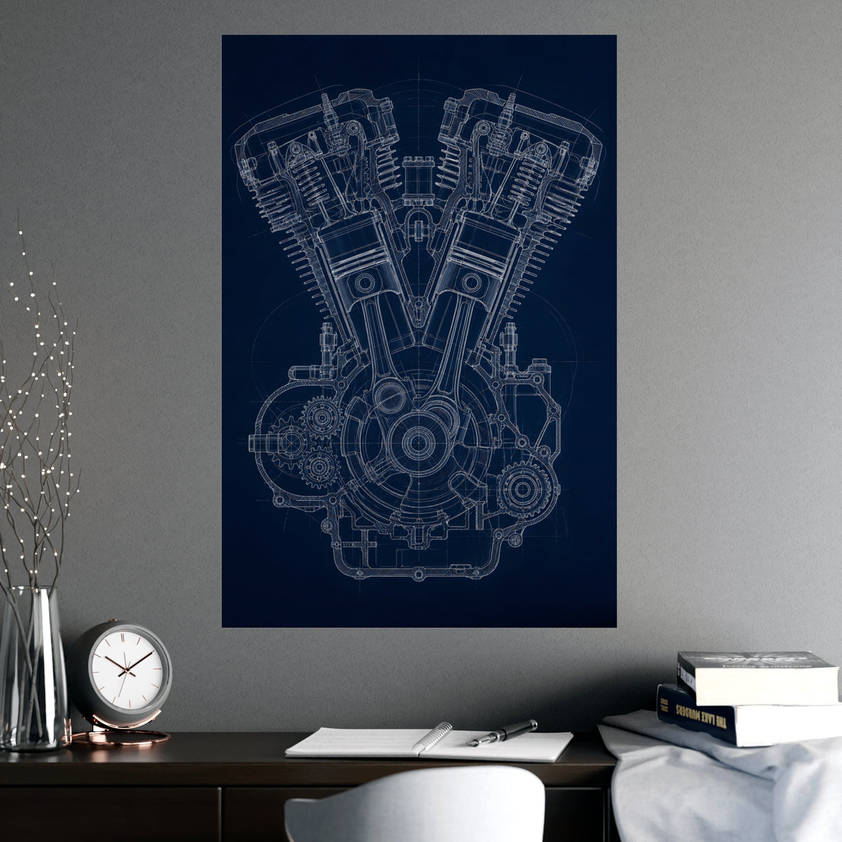 V-Twin Engine — v-twin engine, shown framed on a wall