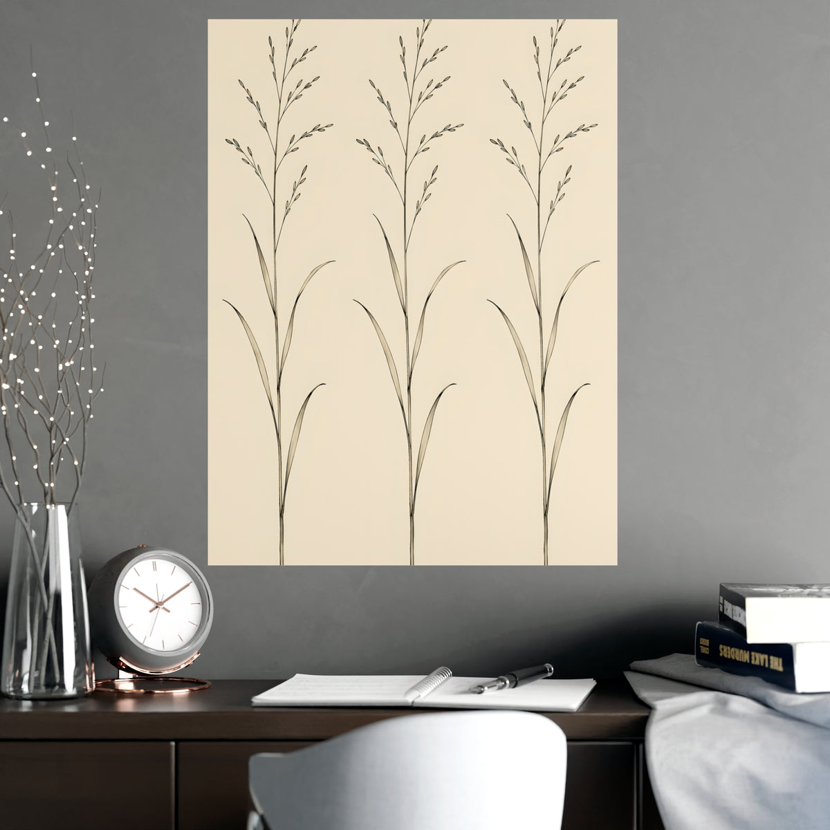 Three Stems — three stems, shown framed on a wall