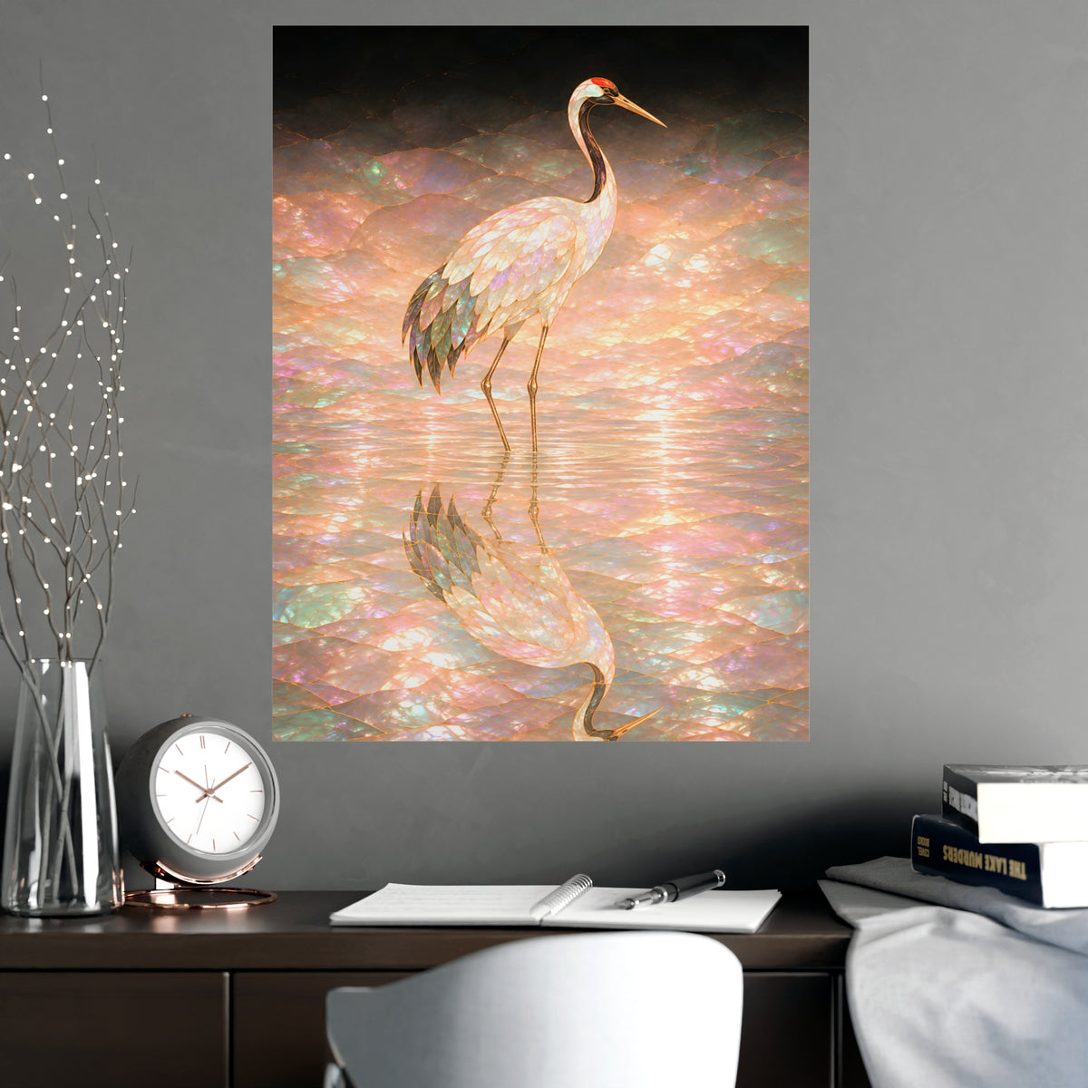 One Crane, Reflected — one crane, reflected, shown framed on a wall